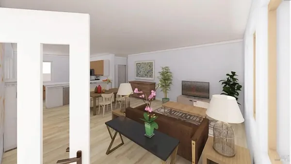 a living room with furniture and a table