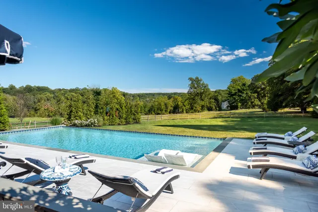 a view of a lake with couches and city view