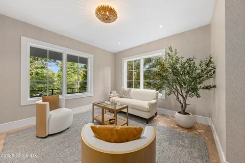 a living room with furniture and a potted plant