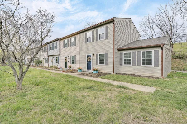 a view of a house with backyard and a tree