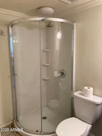 a white toilet sitting next to a shower