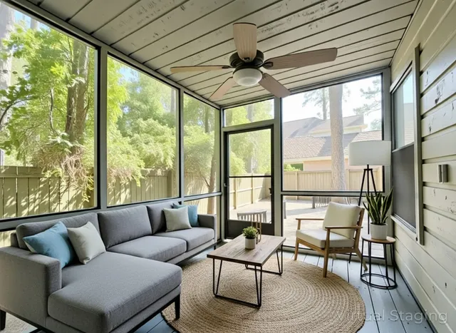 a living room with furniture a ceiling fan and a large window