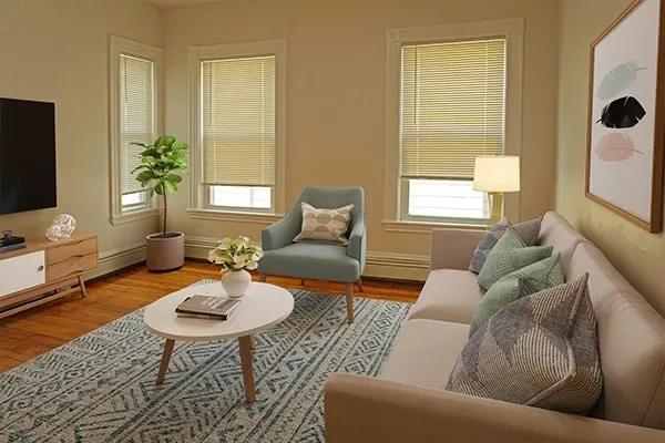 a living room with furniture a rug and a window