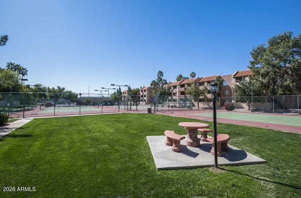 a view of a garden with a slide