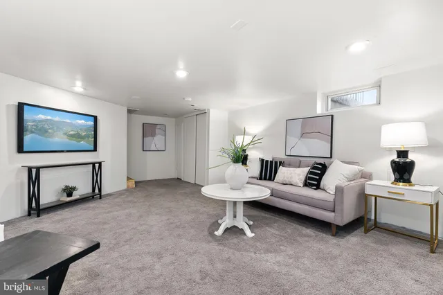 a view of a park with large trees