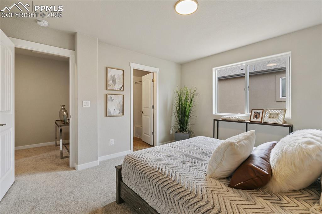5201 Palomino Ranch Point Colorado Springs, CO 80922 - Photo 11 of 24 a bedroom with a large bed and a chandelier