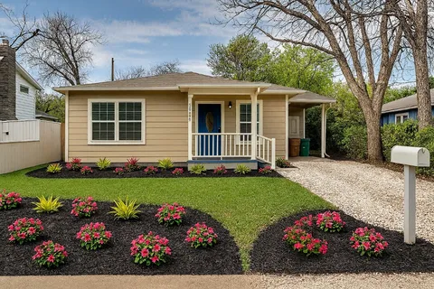 a front view of house with yard and flowers