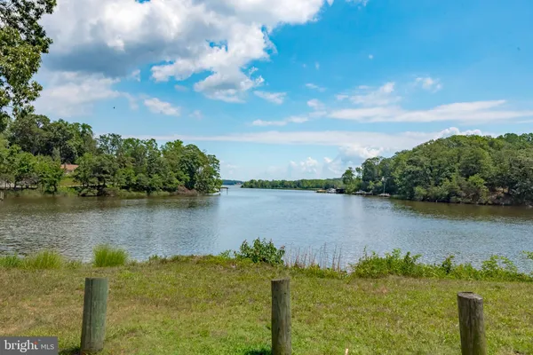 a view of a lake with a yard and large trees