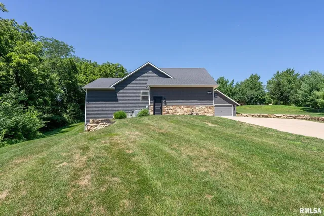 an aerial view of residential houses with outdoor space and trees