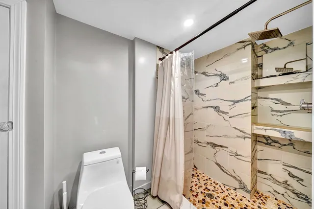 a white toilet sitting next to a shower curtain