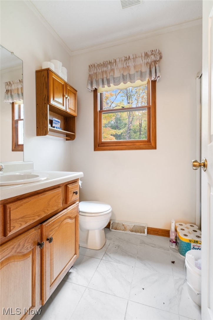 4057 Etter Road Mogadore, OH 44260 - Photo 22 of 41 Bathroom featuring vanity, ornamental molding, toilet, and a wealth of natural light
