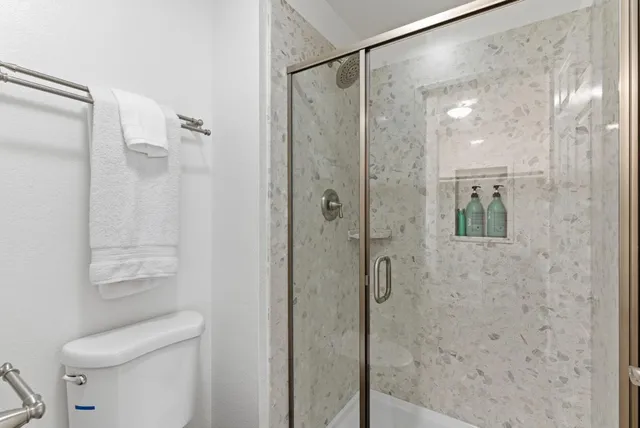 a bathroom with a shower and a toilet