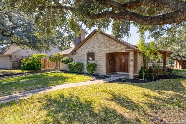 a view of a house with a yard and large tree