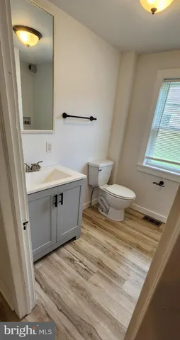a bathroom with a sink a toilet and mirror