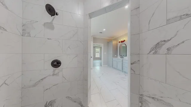 a bathroom with a granite countertop sink a mirror and a shower