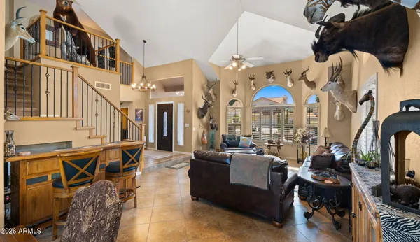 a living room with patio furniture