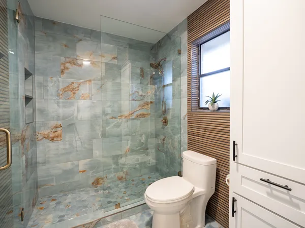 a bathroom with a shower and a toilet