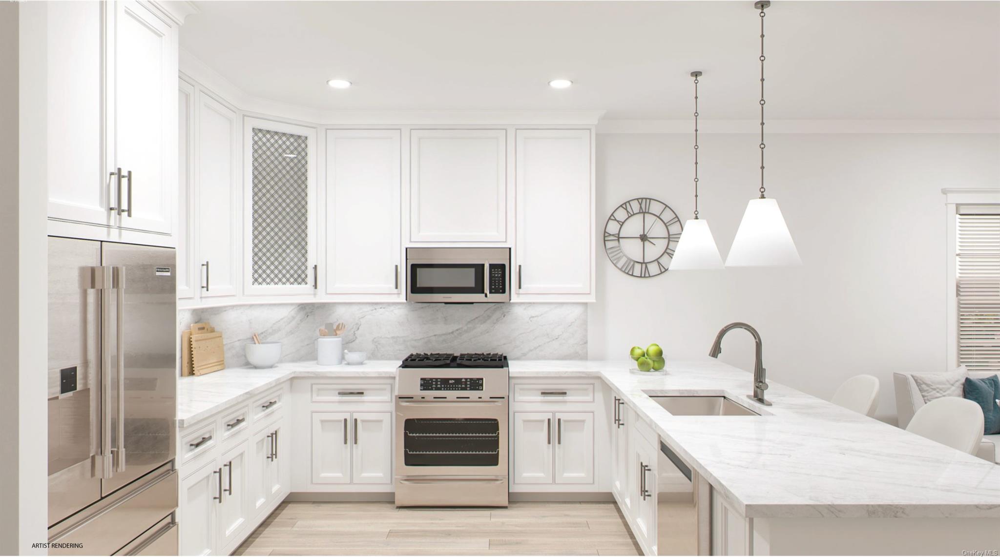 100 Rogers Avenue, Unit 302 Westhampton Beach, NY 11978 - Photo 3 of 14 a kitchen with stainless steel appliances granite countertop a stove a sink and a refrigerator