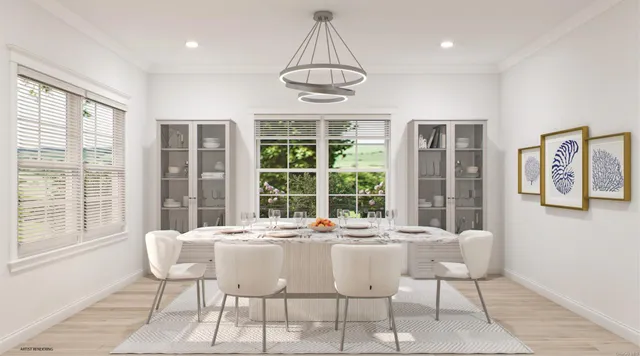 a dining room with furniture a chandelier and wooden floor