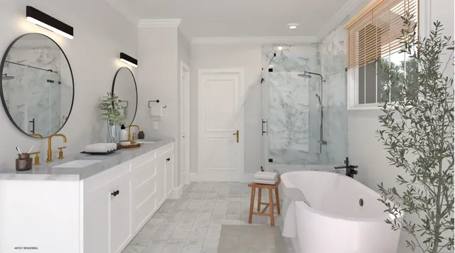 a bathroom with a double vanity sink mirror and bathtub