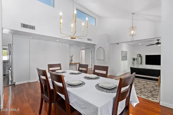 a view of a dining room with furniture