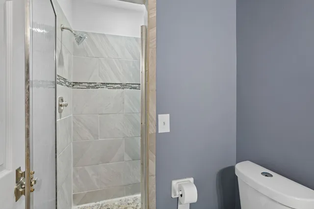 a bathroom with a shower and toilet