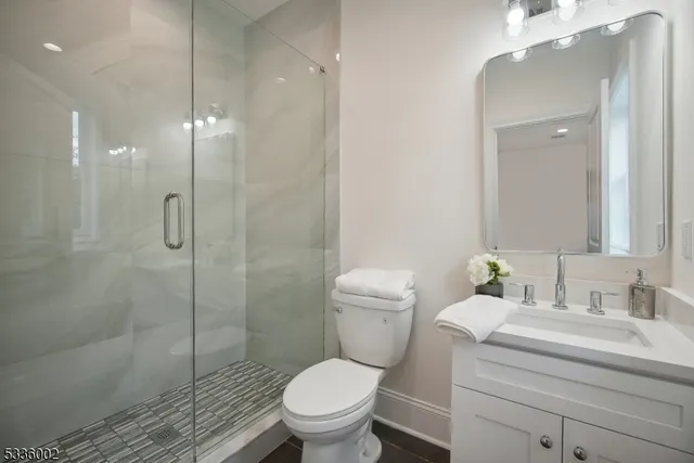 a bathroom with a toilet sink vanity and shower