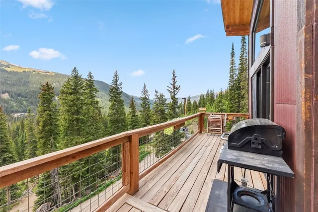 a view of a balcony with wooden floor