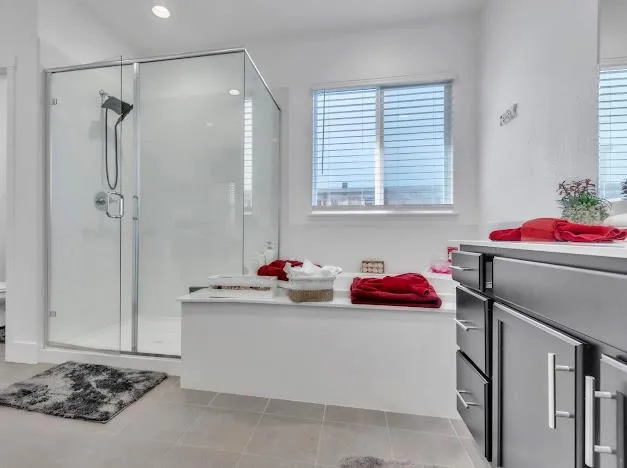 a bathroom with a sink and a shower