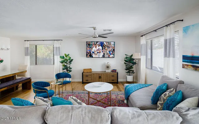 a living room with furniture and a rug