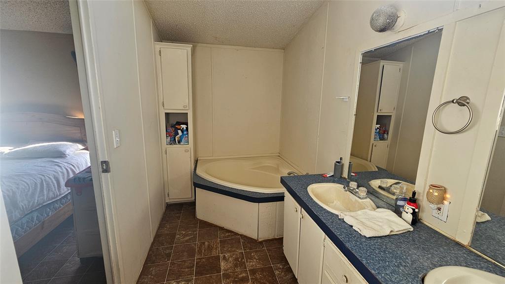 413 Lakeview Trail Weatherford, TX 76087 - Photo 21 of 40 a bathroom with a granite countertop tub a sink and a mirror