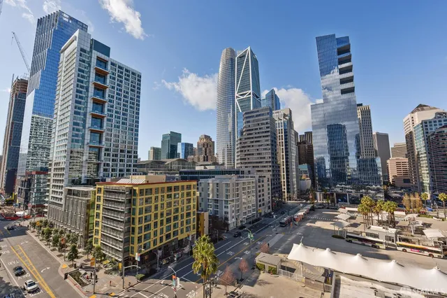a city view with tall buildings