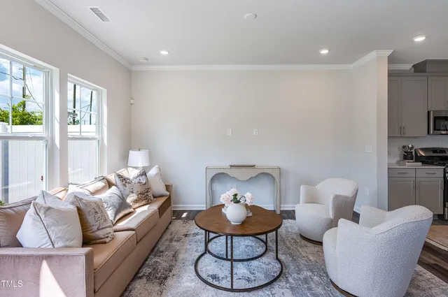 a living room with furniture and a fireplace
