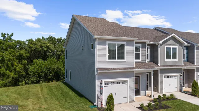 a view of a house with potted plants and a yard