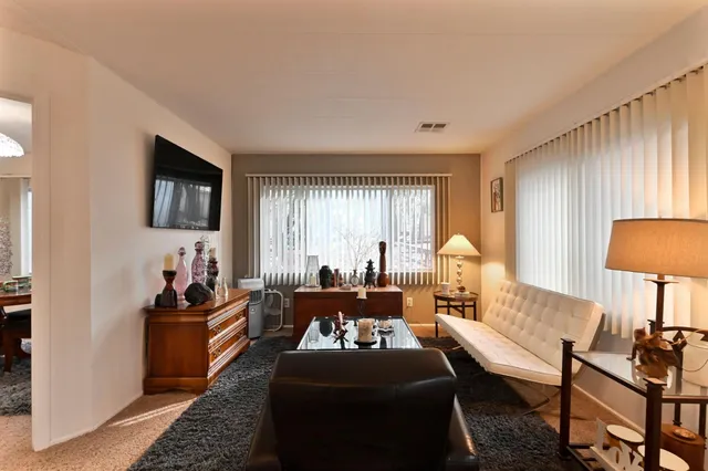 a living room with furniture a flat screen tv and a fireplace