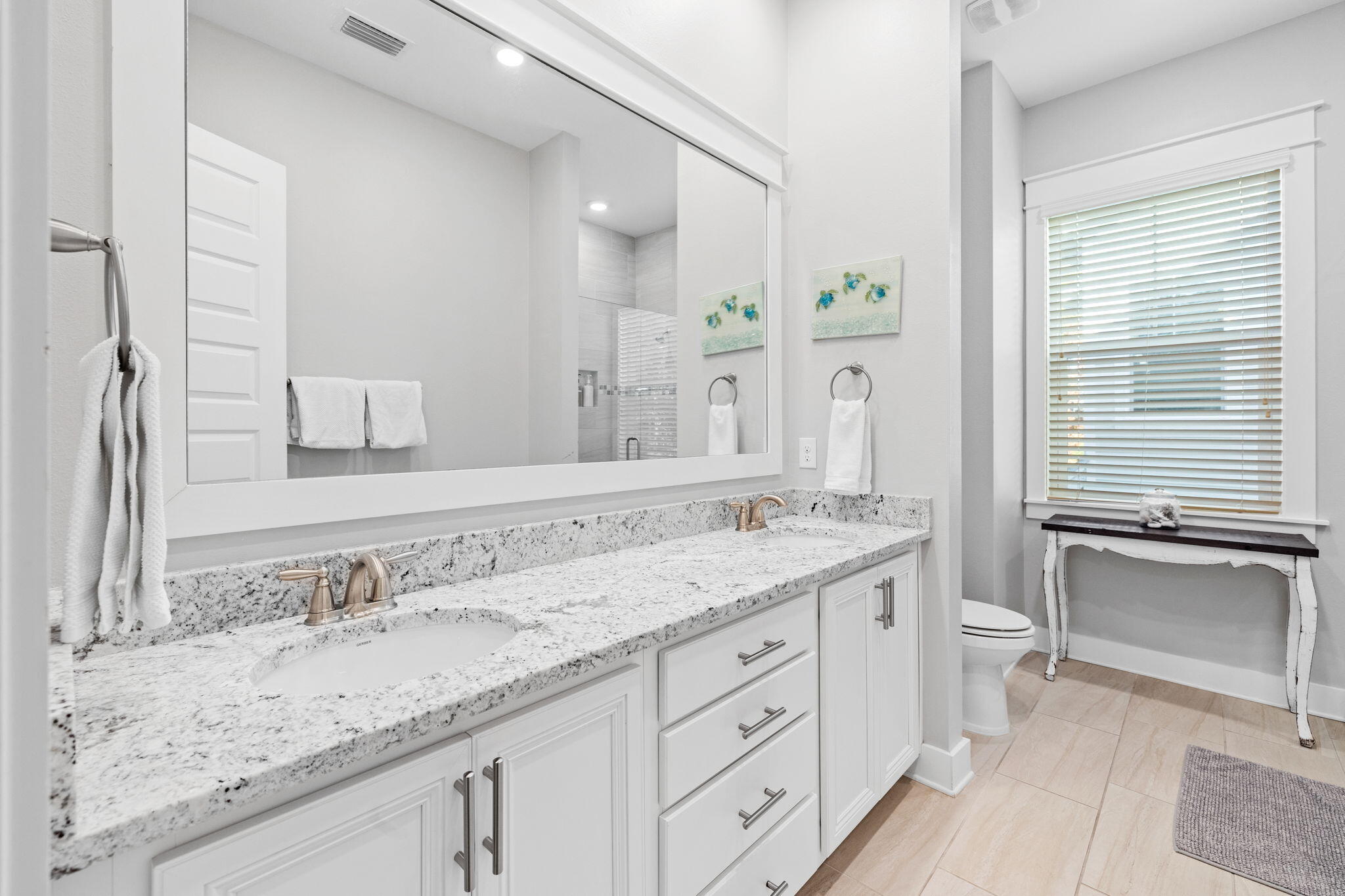 223 Milestone Dr Inlet Beach, Unit B Inlet Beach, FL 32461 - Photo 19 of 58 a bathroom with a granite countertop sink double and mirror