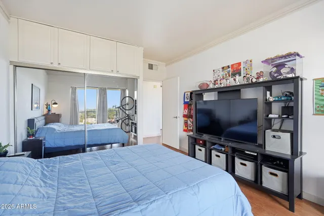 a bedroom with a bed and a flat screen tv