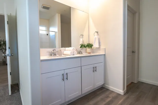 a bathroom with a double vanity sink and mirror