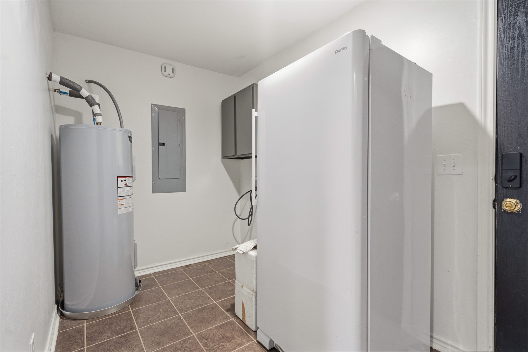 831 Barrons Ridge Wilson, OK 73463 - Photo 21 of 47 Utility area featuring tile flooring, a water heater, and an electrical panel