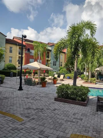 a view of a swimming pool with a patio