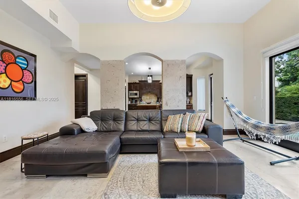 a view of a dining room with furniture