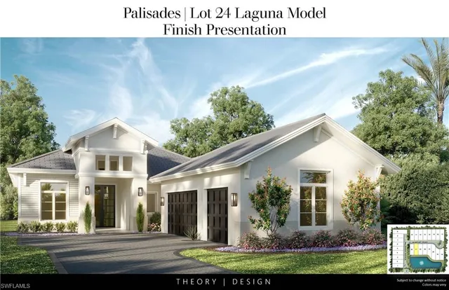 a view of a white house with a big yard and potted plants