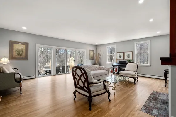 a living room with furniture or couch and a wooden floor
