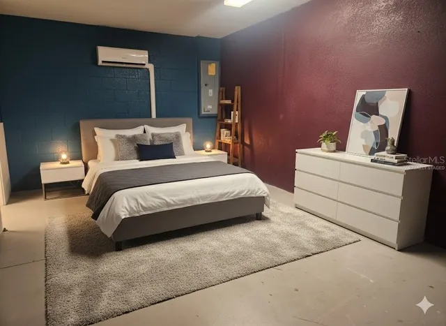 a bedroom with bed and window