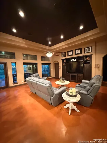 a outdoor space with furniture and fireplace