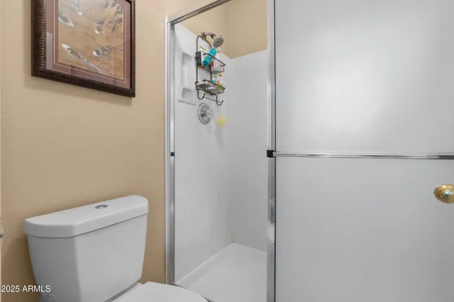 a bathroom with a toilet and a shower