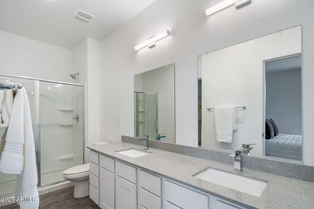 a bathroom with a double vanity sink toilet and shower