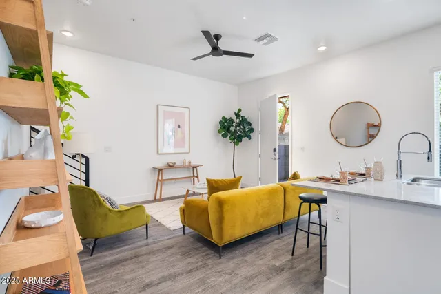 a living room with a couch chairs and a potted plant
