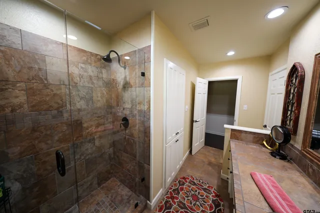 a bathroom with a sink a mirror and a shower