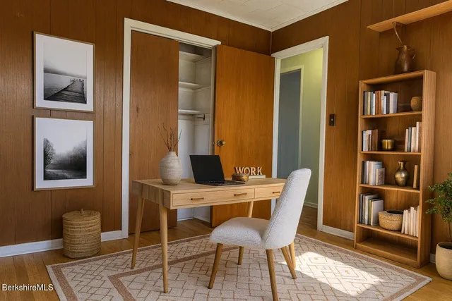a view of a dining room with furniture